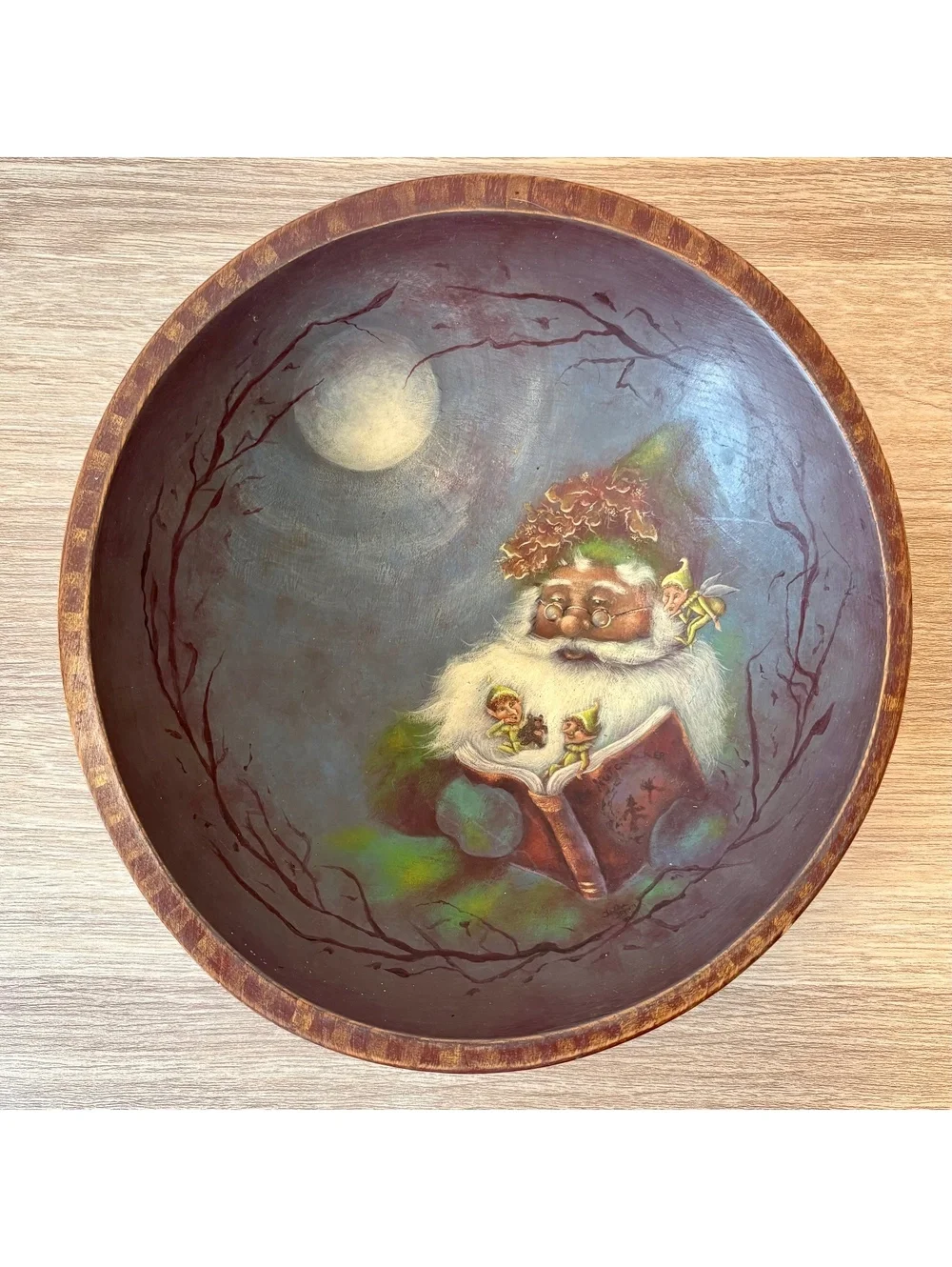 Santa Folk Art Wood Tray Hand Painted Wall Decor Christmas Elves Holiday